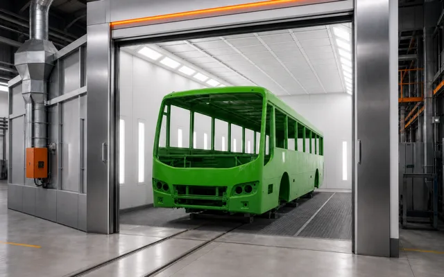 Промышленная окрасочная камера с зелёным кузовом автобуса без остекления
